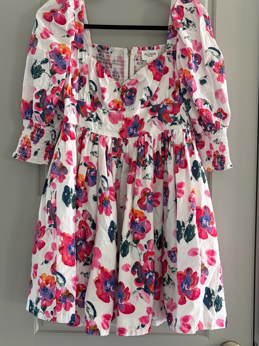 Allison New York White Watercolor Floral Smocked Puff Sleeve Dress Size S